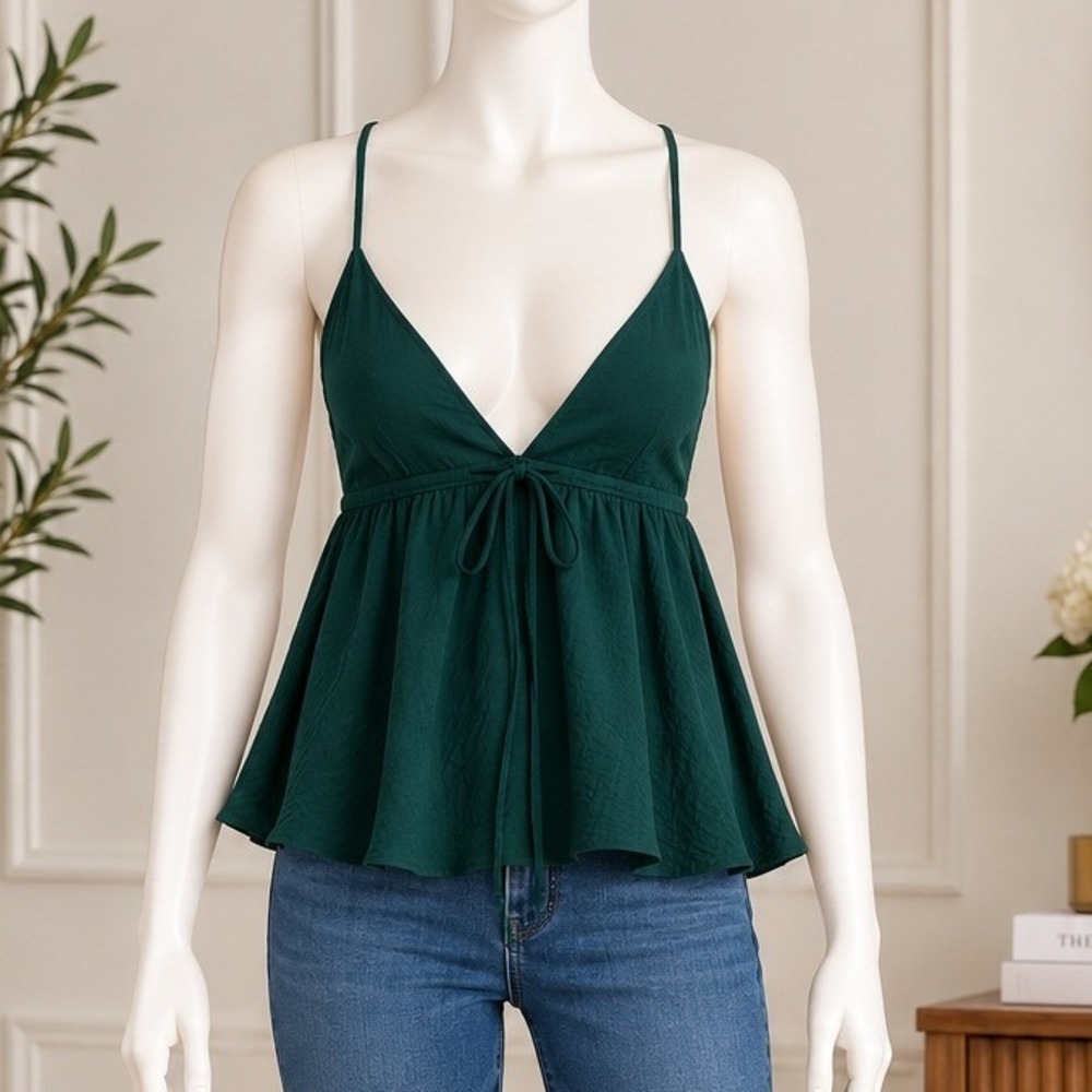 Urban Outfitters Womens Cami Top Dark Green Babydoll Front Tie Size Extra Small
